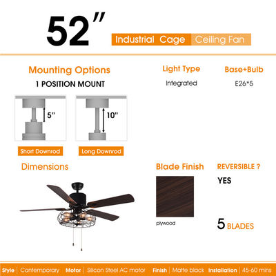 5 luce decorativa a 52 pollici del ventilatore da soffitto della catena di tirata della pala 18w